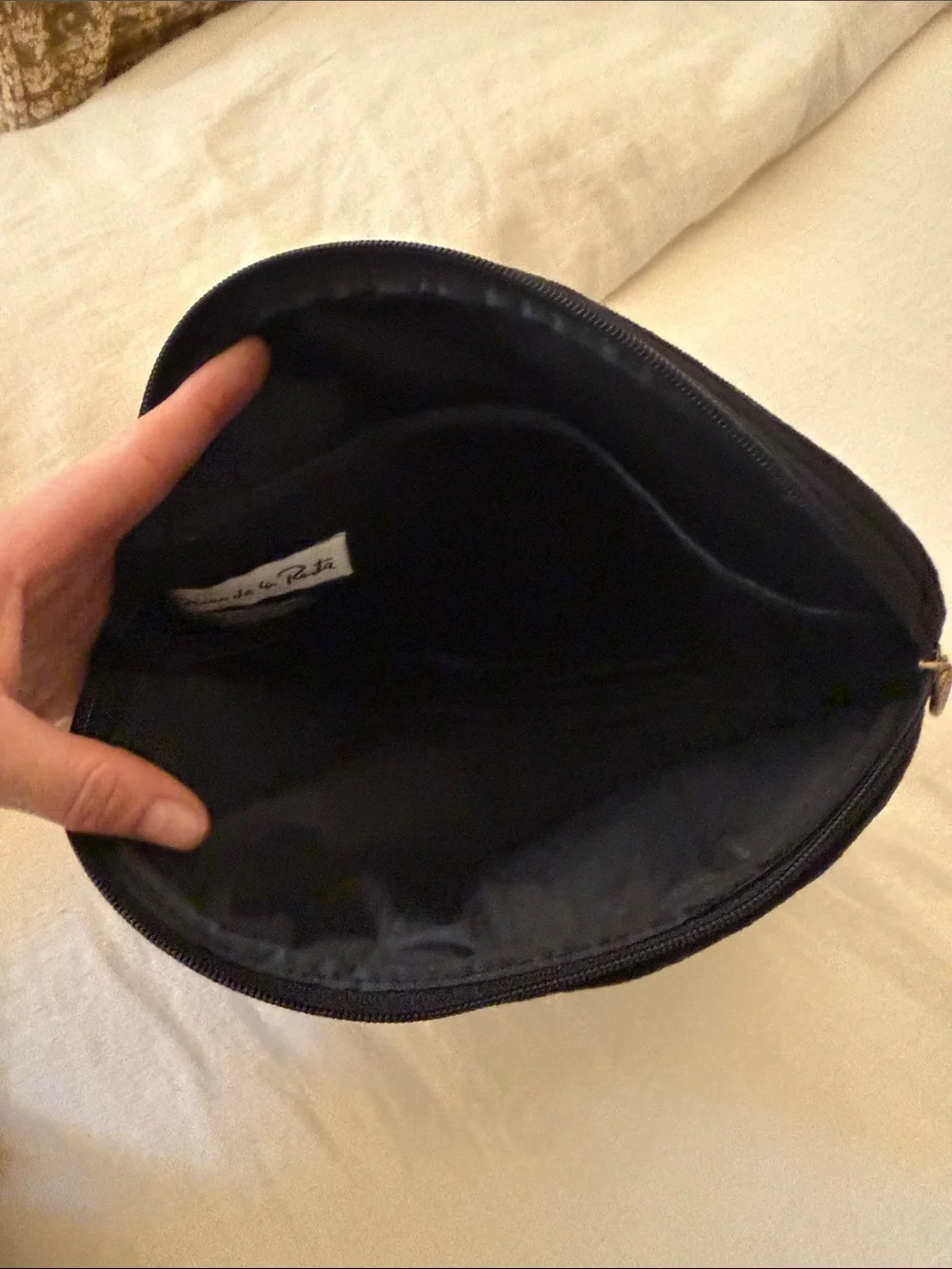 Oscar de la Renta Black Velvet Pouch with Gold Fleur-de-Lis stitching